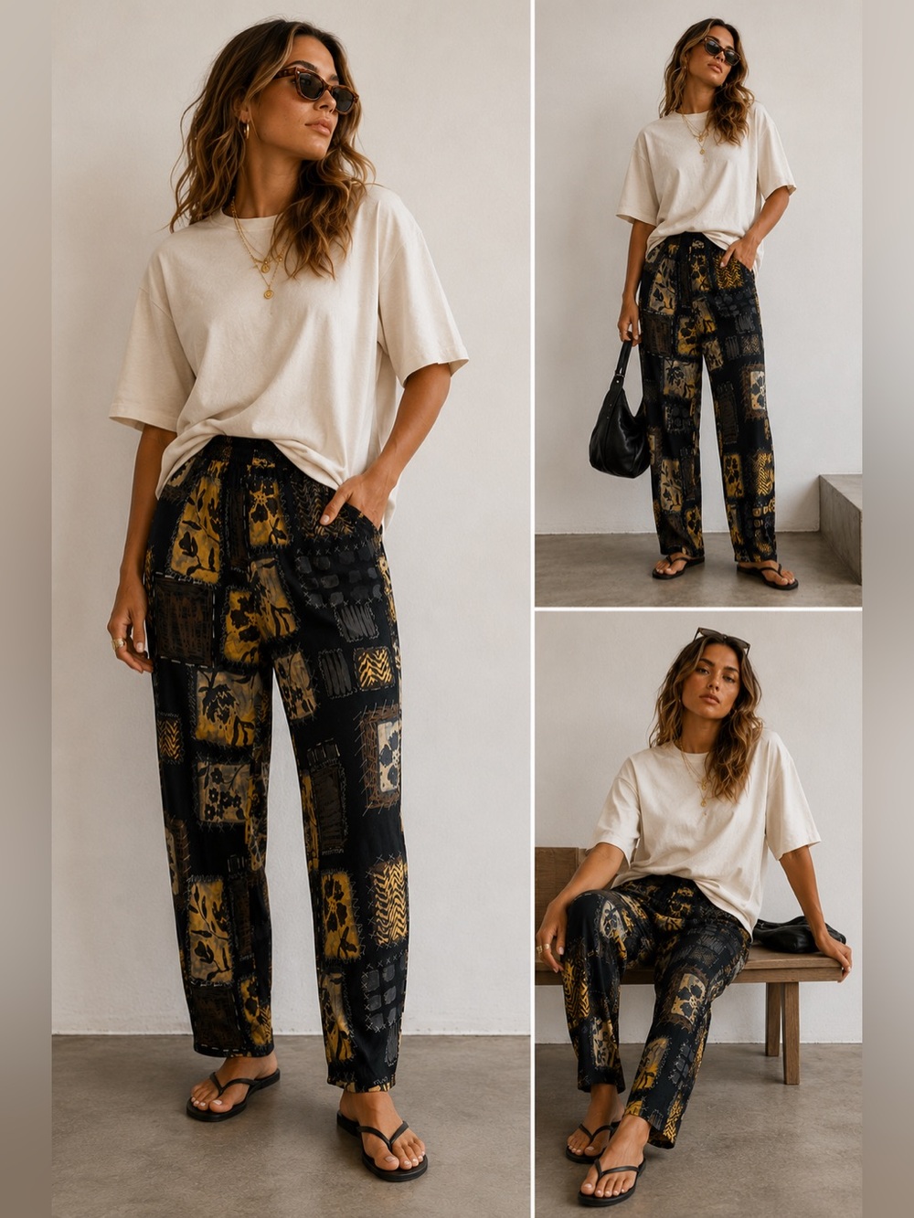 Vintage 90s Kathie Lee Patchwork Soft Pants Boho Straight Leg Lounge Pants